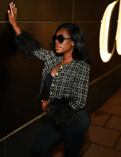 Black Tweed Jacket w/Feathers – MB Finale